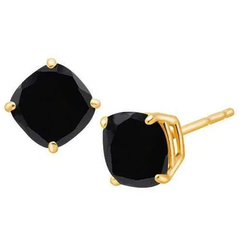 10K Solid Yellow Gold Cushion shape 6MM Natural Black Sapphire Earring Studs