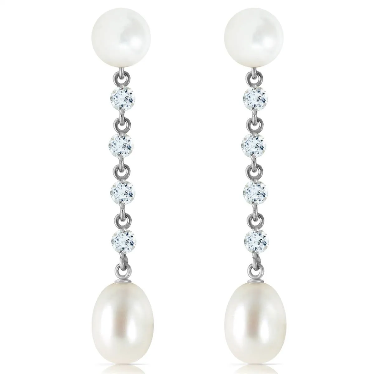 11 Carat 14K Solid White Gold Chandelier Earrings Aquamarine Pearl