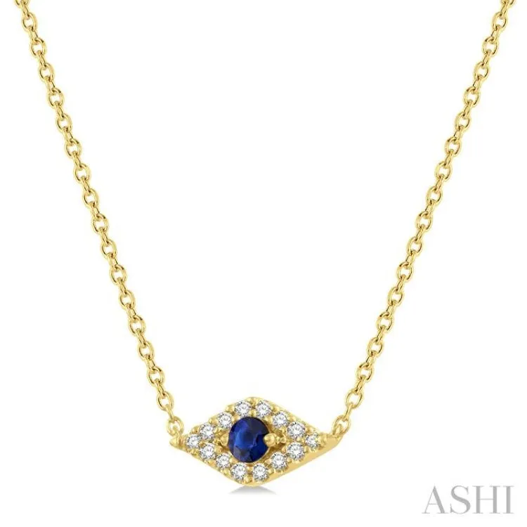 1/10 Ctw Evil Eye Round Cut Diamond & 2.60MM Round Cut Sapphire Precious Petite Fashion Necklace in 10K Yellow Gold