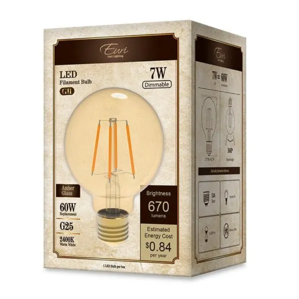 12 Bulb pack -LED Filament Edison Light Bulb - G25 Globe - 7 Watt - Amber - 2400K