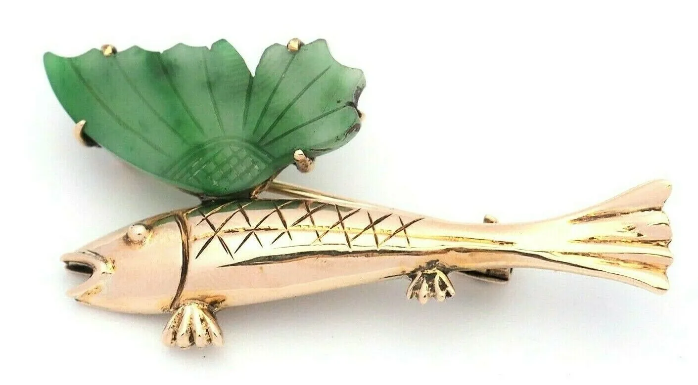 14ct Yellow Gold Fish Shaped Jadeite Brooch