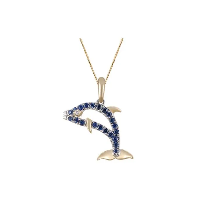 14k 2/tone 15mm Dolphin Pendant with 21 Blue Sapphires