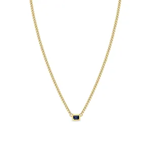 14k Emerald Cut Blue Sapphire Bezel Curb Chain Necklace