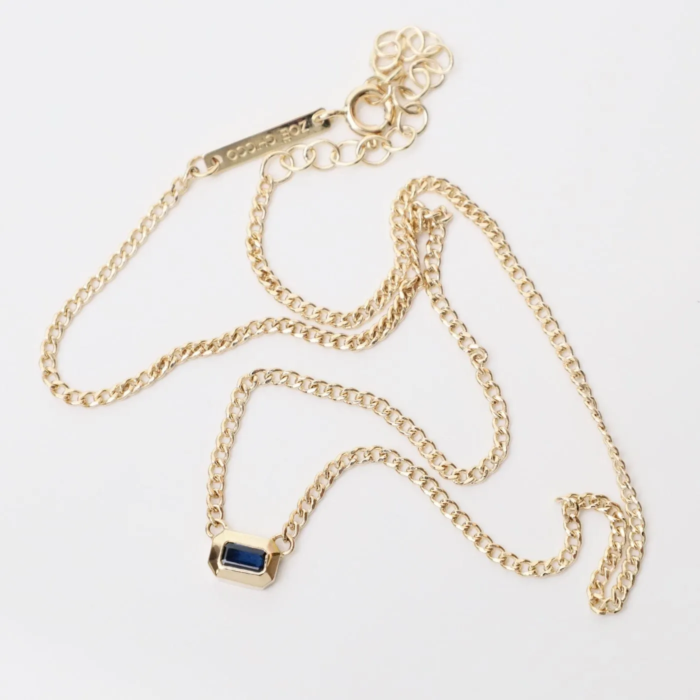 14k Emerald Cut Blue Sapphire Bezel Curb Chain Necklace