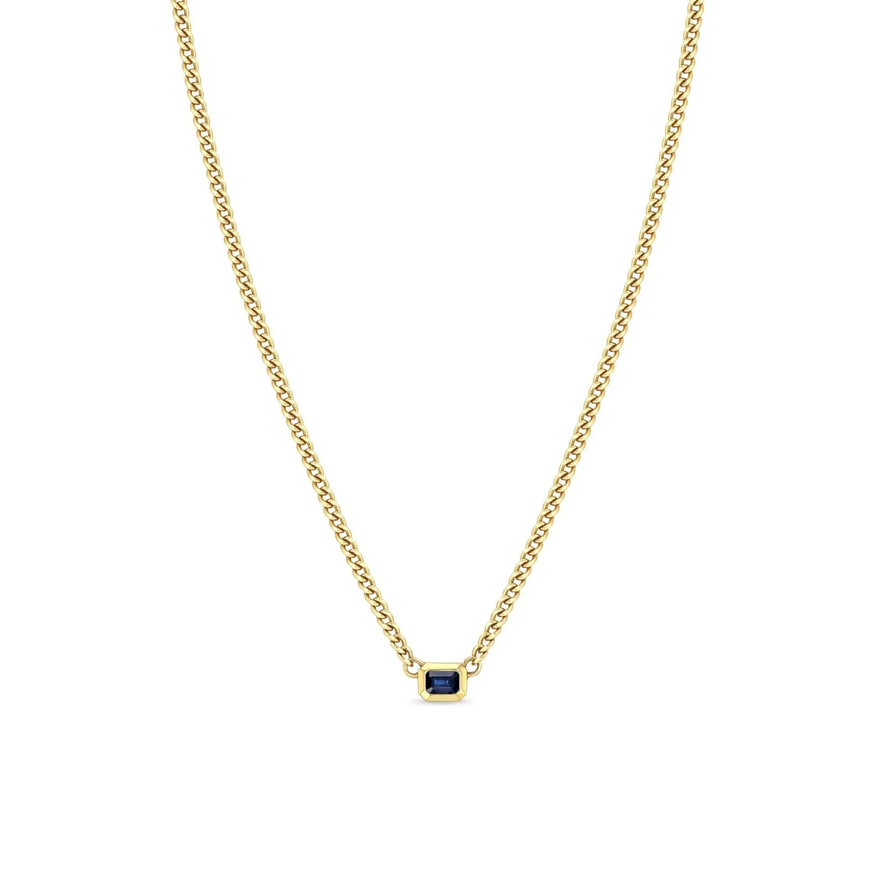 14k Emerald Cut Blue Sapphire Bezel Curb Chain Necklace