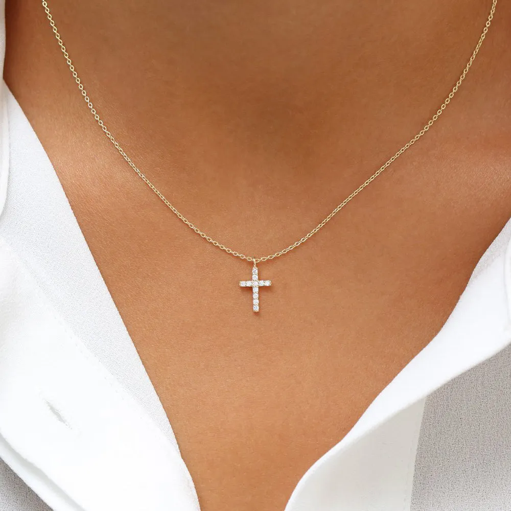 14K Gold Micro Pave Diamond Cross Necklace