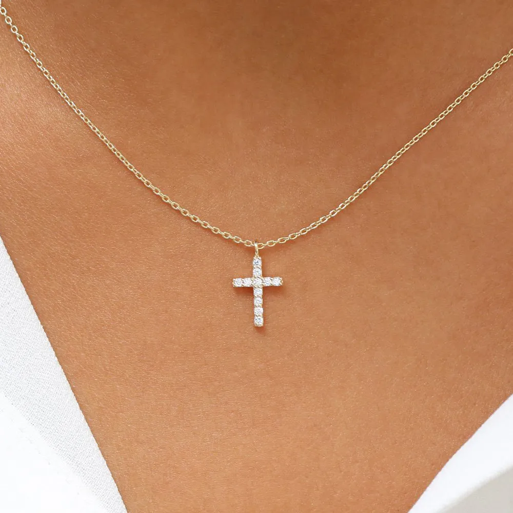 14K Gold Micro Pave Diamond Cross Necklace