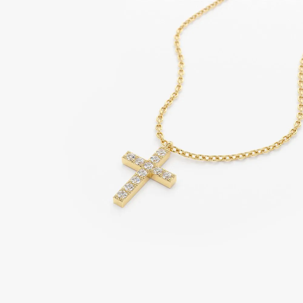 14K Gold Micro Pave Diamond Cross Necklace