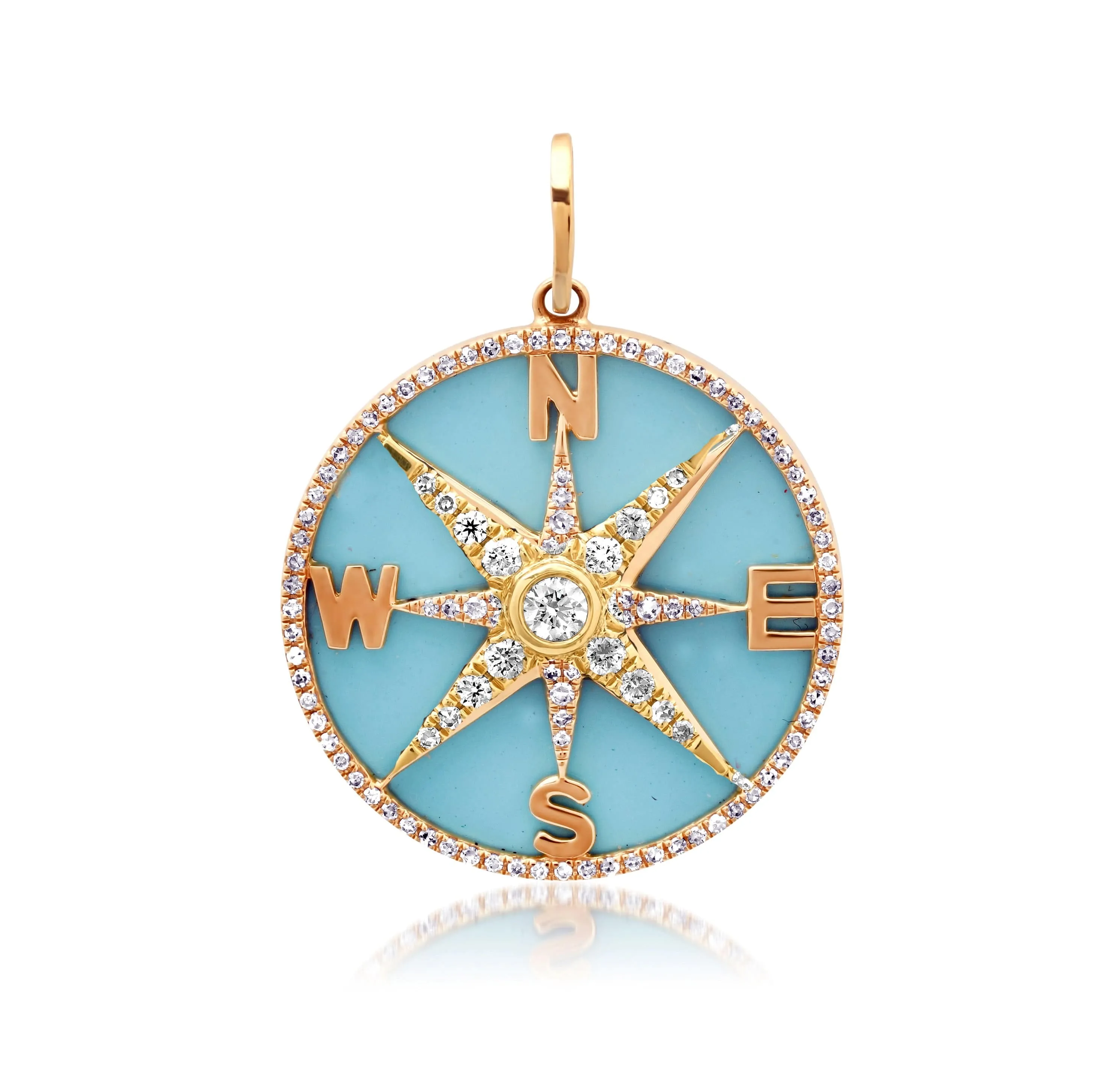 14K Gold Turquoise and Pave Diamond Compass Charm, Full Diamonds