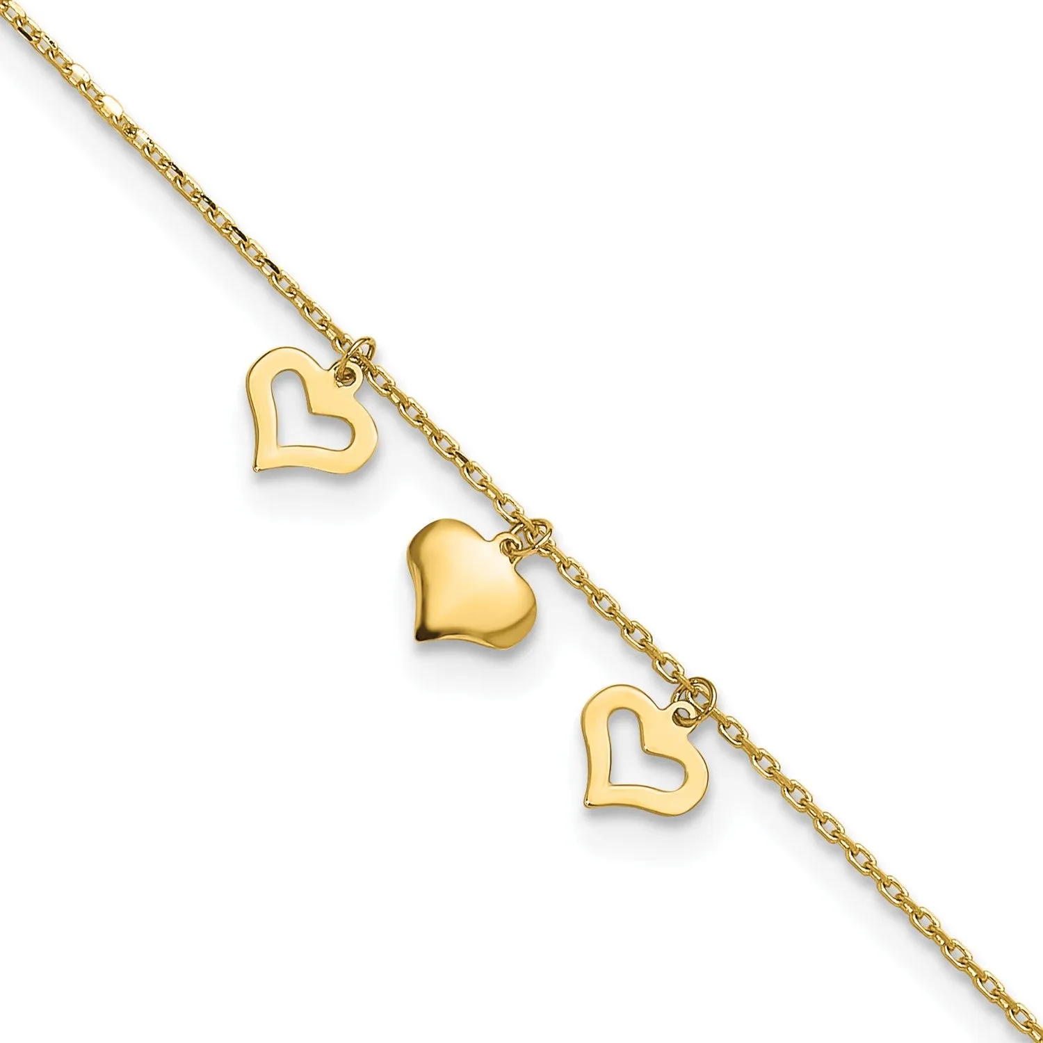 14k Real Yellow Gold 3 Heart Charm 9" to 10" Adjustable Anklet