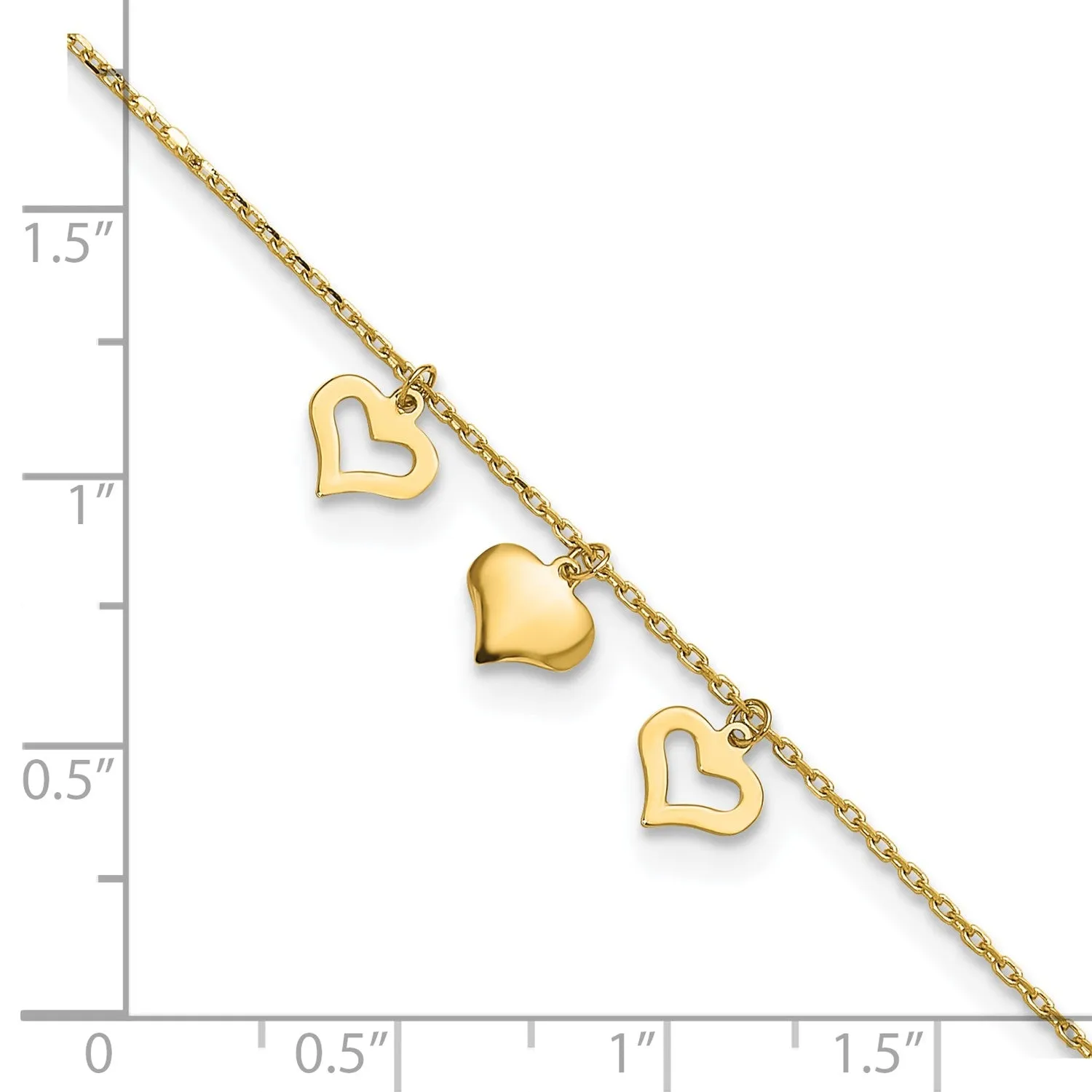 14k Real Yellow Gold 3 Heart Charm 9" to 10" Adjustable Anklet