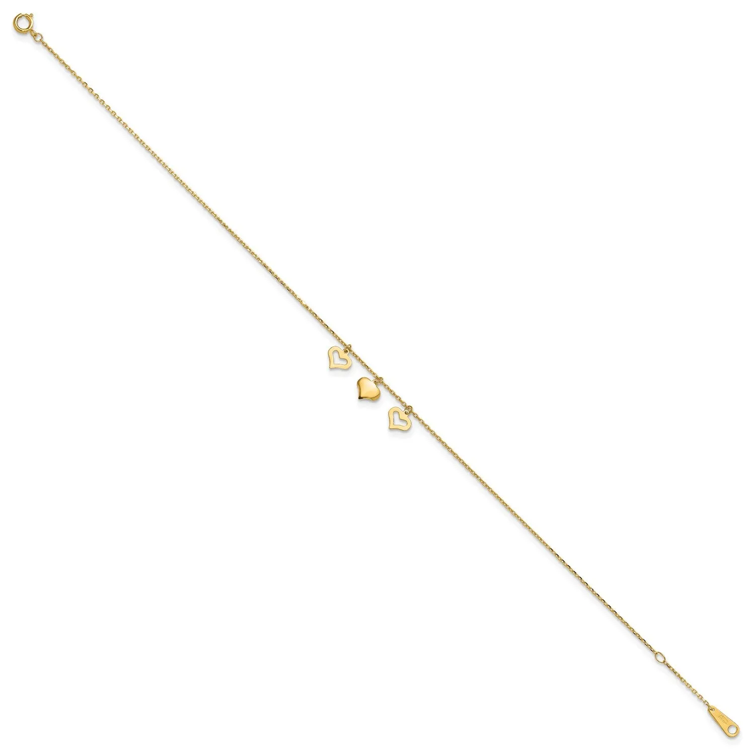 14k Real Yellow Gold 3 Heart Charm 9" to 10" Adjustable Anklet