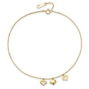 14k Real Yellow Gold 3 Heart Charm 9" to 10" Adjustable Anklet