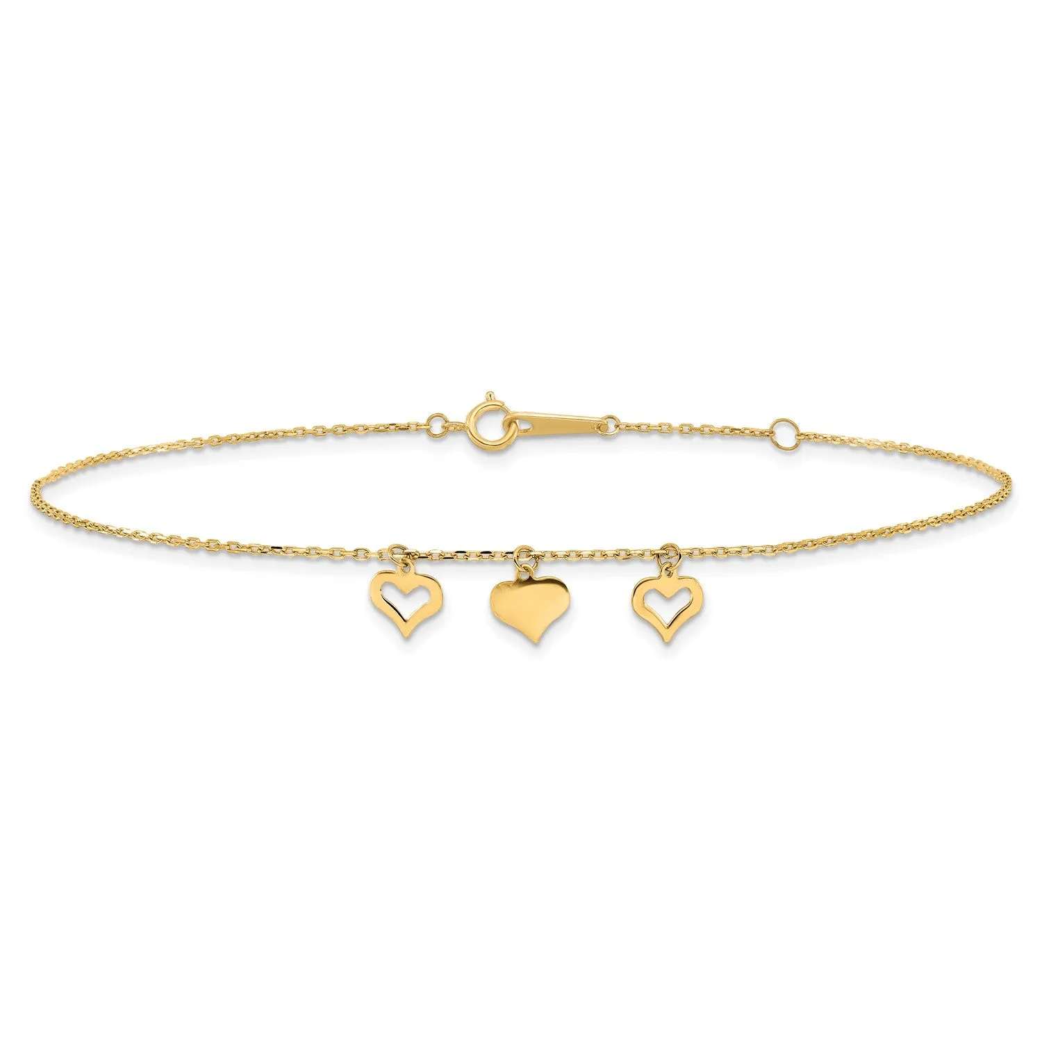 14k Real Yellow Gold 3 Heart Charm 9" to 10" Adjustable Anklet