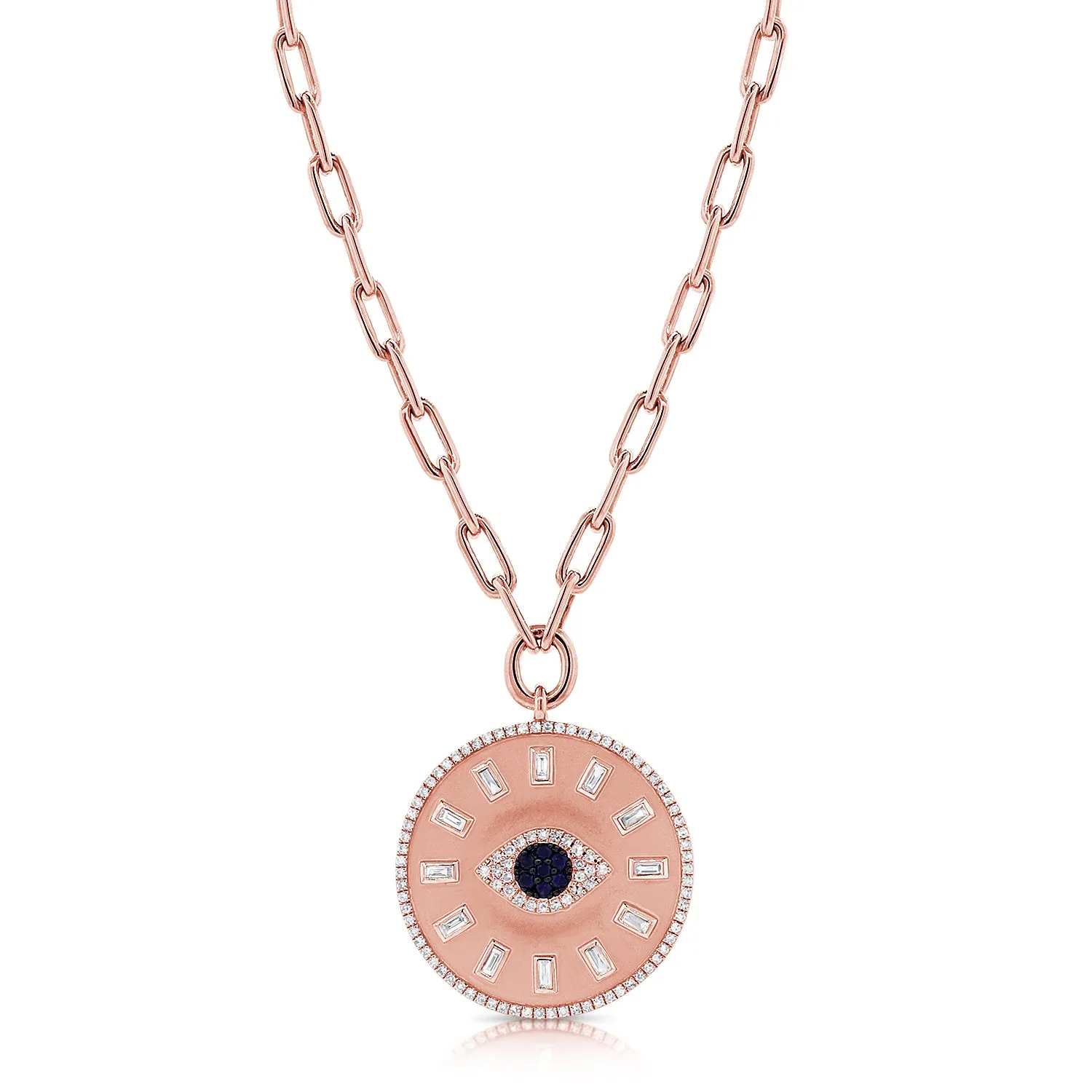 14K Rose Gold Diamond   Sapphire Evil Eye Coin Necklace