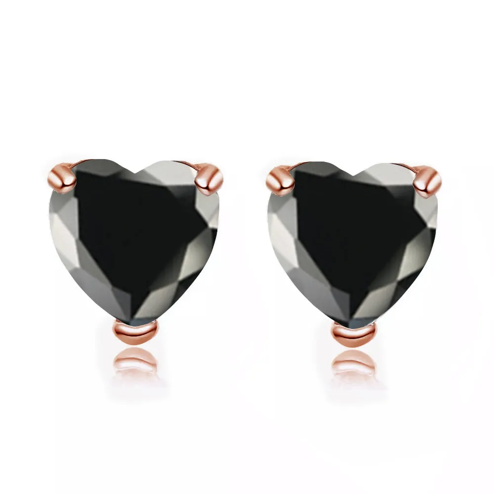 14k Rose Gold Plated 3 Carat Heart Created Black Sapphire Stud Earrings