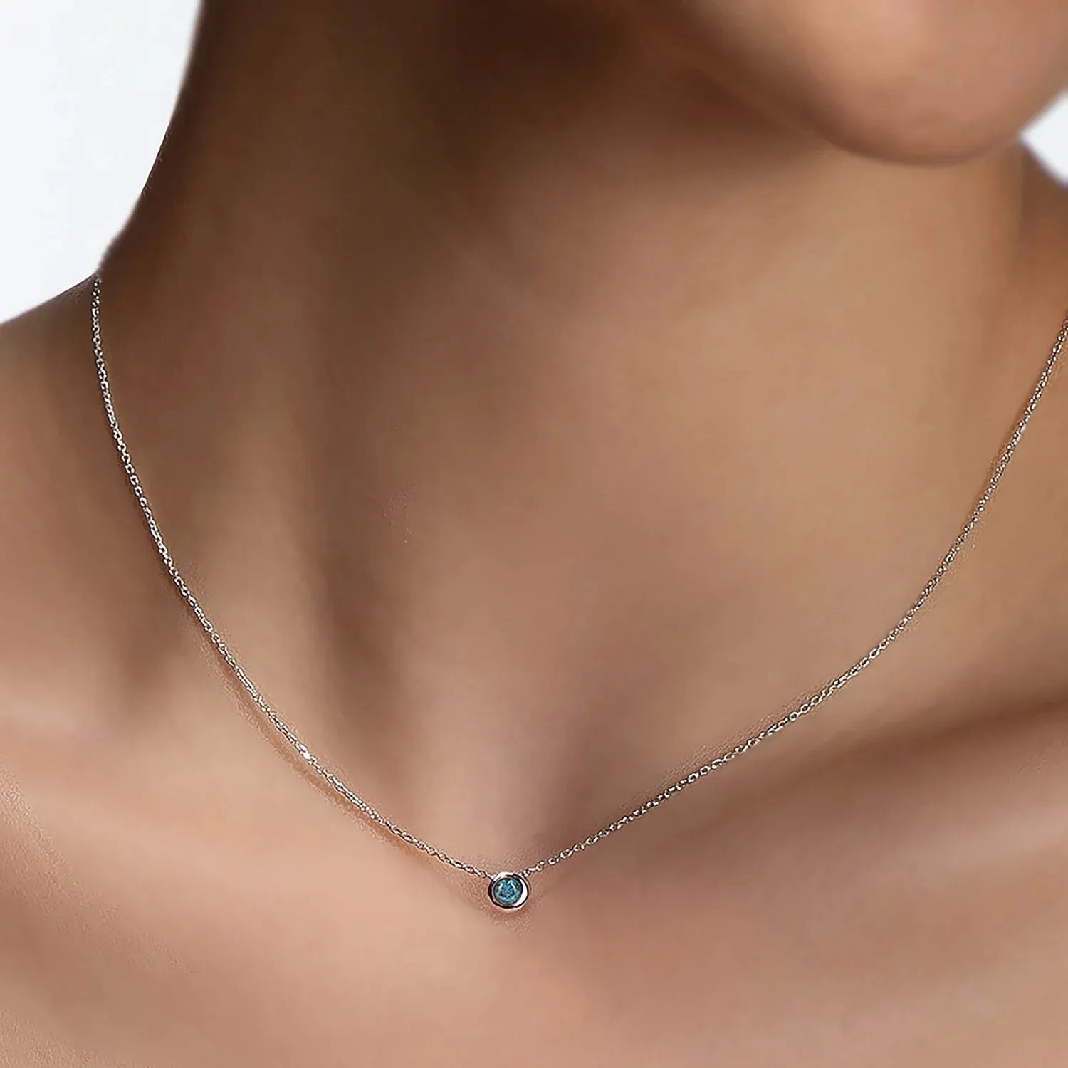 14K Solid Gold Solitaire Necklace with Blue Diamond