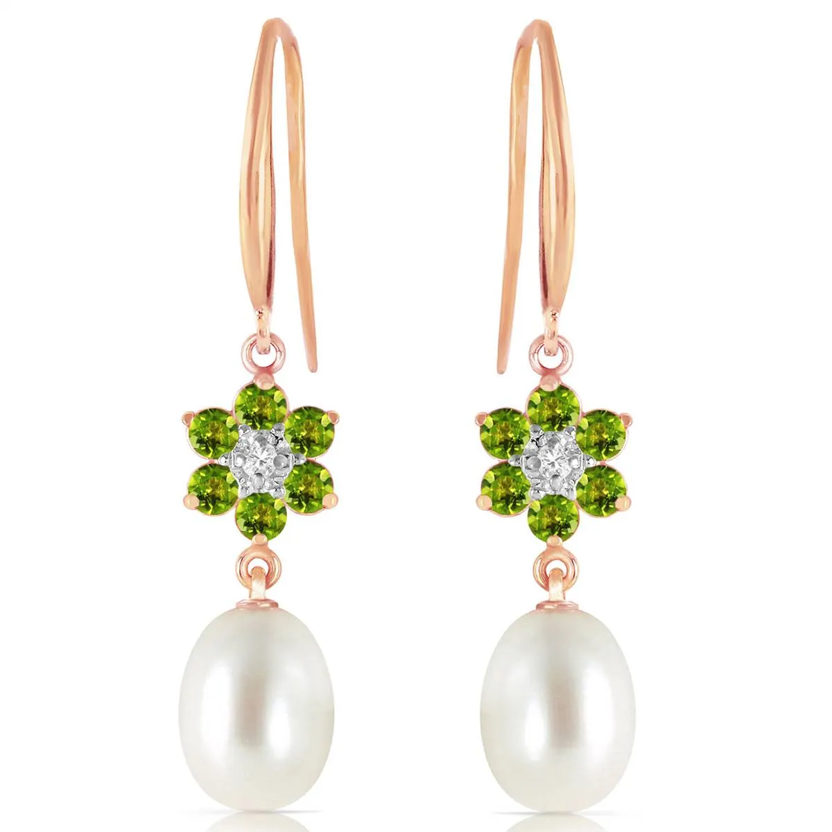 14K Solid Rose Gold Fish Hook Earrings w/ Diamonds, Peridots & Pearls