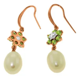 14K Solid Rose Gold Fish Hook Earrings w/ Diamonds, Peridots & Pearls