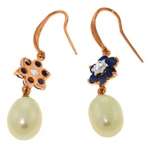 14K Solid Rose Gold Fish Hook Earrings w/ Diamonds, Sapphires & Pearls