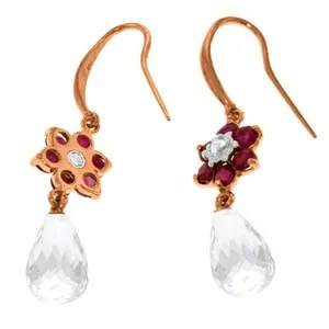 14K Solid Rose Gold Hook Earrings w/ Diamonds, Rubies & Rose Topaz