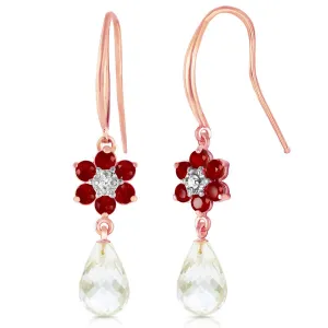 14K Solid Rose Gold Hook Earrings w/ Diamonds, Rubies & Rose Topaz