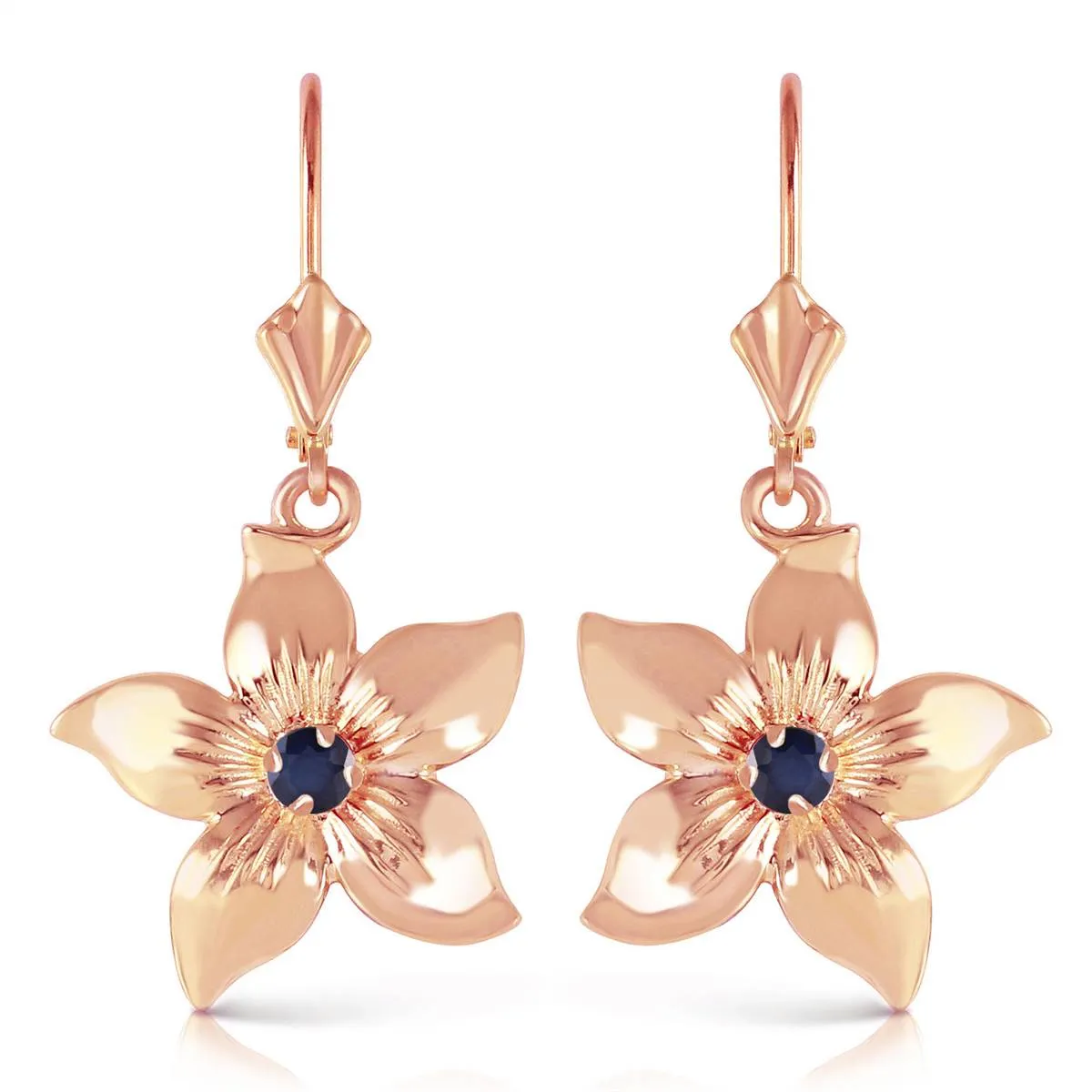 14K Solid Rose Gold Leverback Flowers Earrings w/ Sapphires