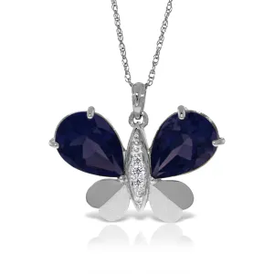 14K Solid White Gold Butterfly Necklace Natural Diamond & Sapphire