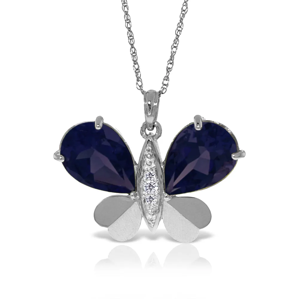 14K Solid White Gold Butterfly Necklace Natural Diamond & Sapphire