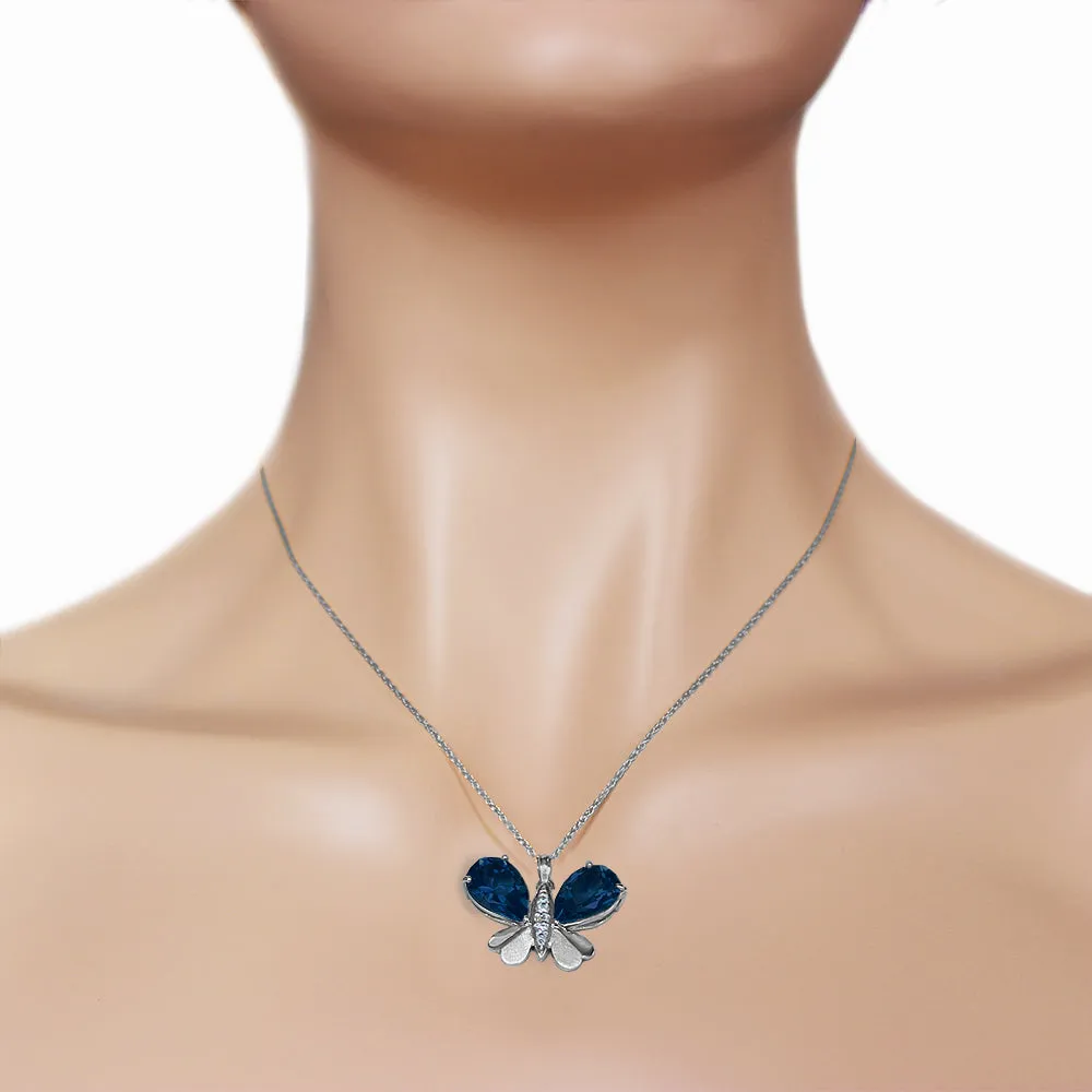 14K Solid White Gold Butterfly Necklace Natural Diamond & Sapphire