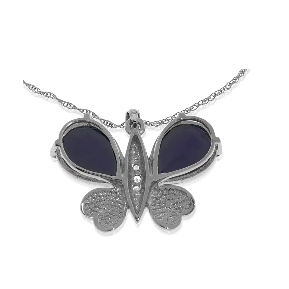 14K Solid White Gold Butterfly Necklace Natural Diamond & Sapphire