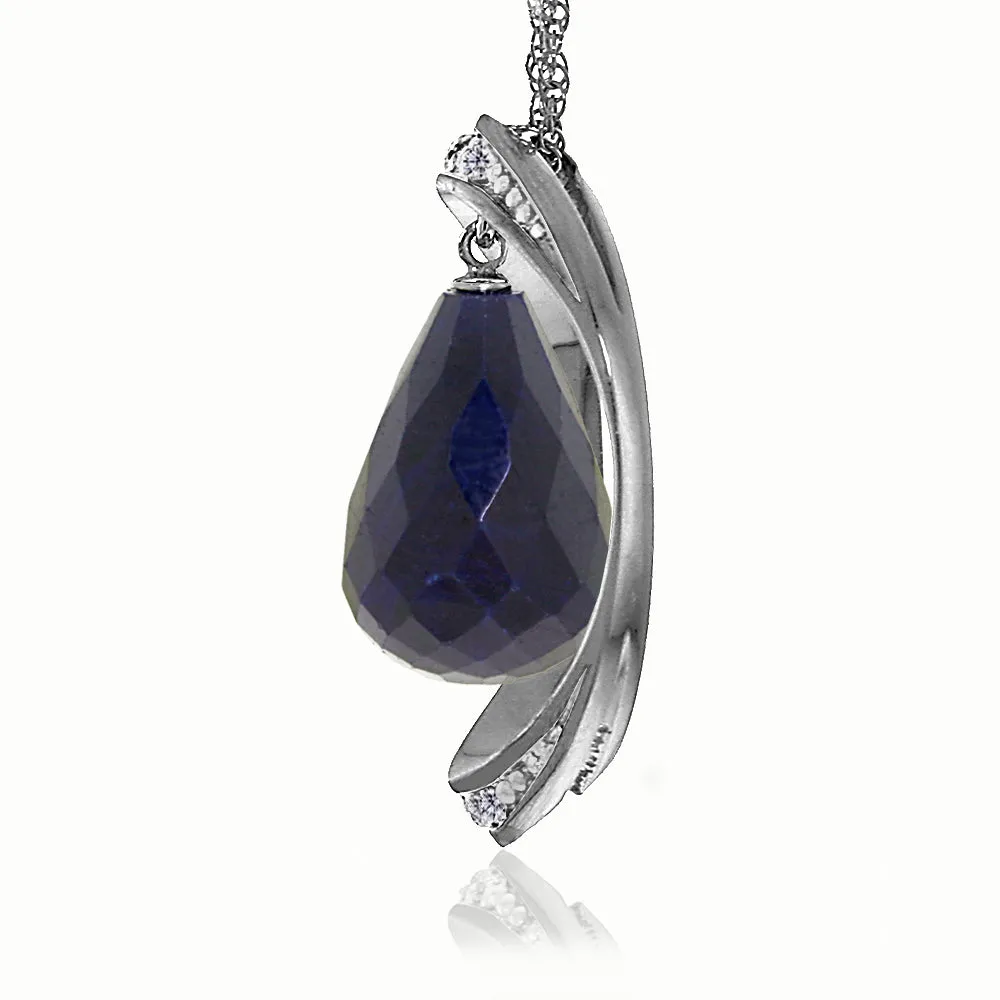 14K Solid White Gold Necklace w/ Natural Briolette Dyed Sapphire & Diamonds