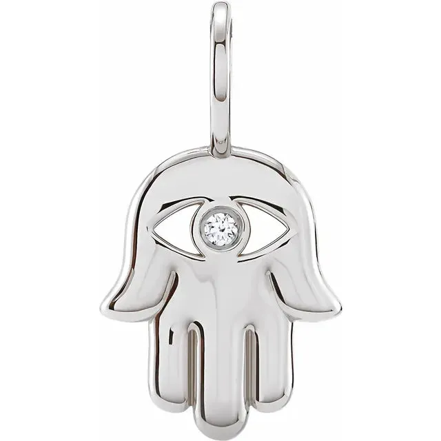 14K White Gold .02 CT Natural Diamond Hamsa Hand Pendant/Charm