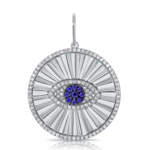 14K White Gold Diamond Sapphire Evil Eye Halo Pendant