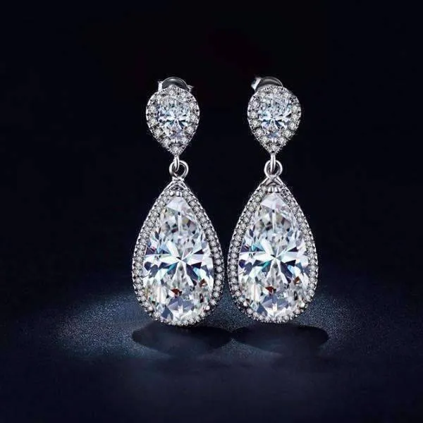 14K White Gold Plated Diamond White Stardust Infused 25.5 CTW Pear Shape Austrian Crystal Chandelier Earrings for Women Special Occasion