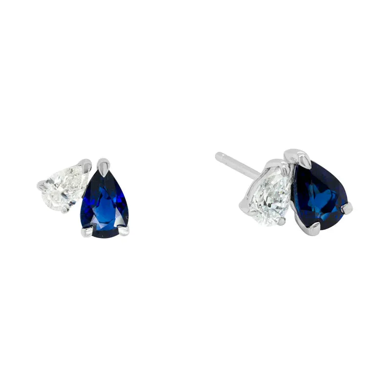 14K WHITE GOLD TEARDROP SAPPHIRE AND DIAMOND 2-STONE STUD EARRINGS