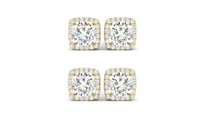 14k Yellow Gold 2Ct Cushion Cut White Sapphire Set Of Two Halo Stud Earrings Plated