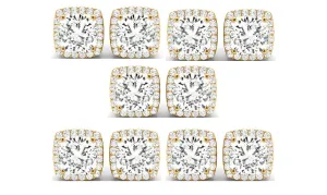 14k Yellow Gold 3Ct Cushion Cut White Sapphire Set Of Five Halo Stud Earrings Plated