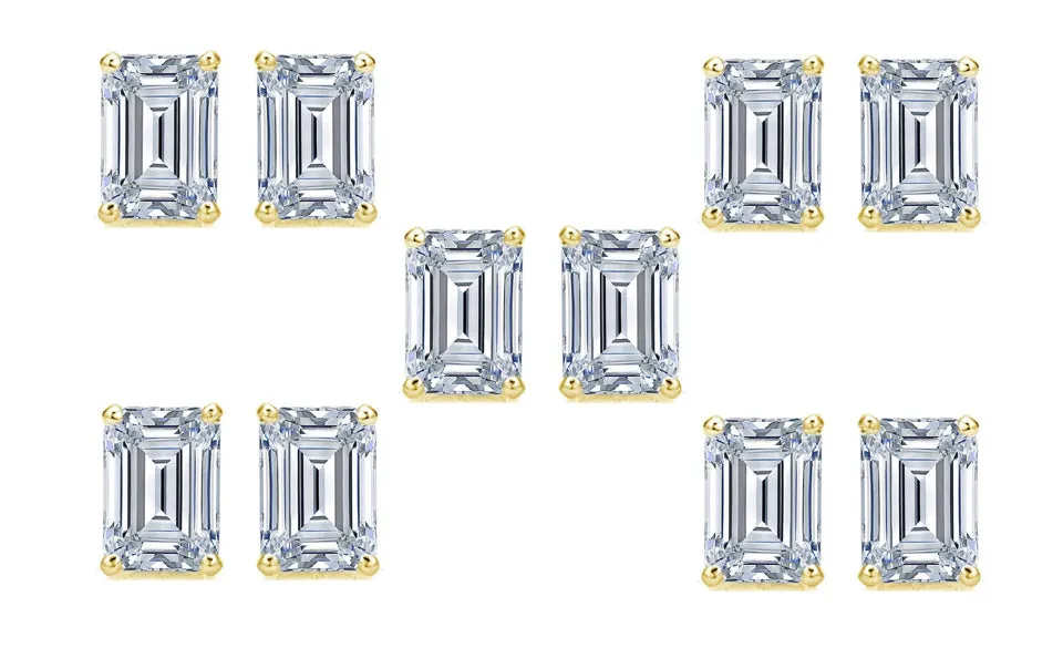 14k Yellow Gold 4Ct Emerald Cut White Sapphire Set Of Five Stud Earrings Plated