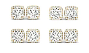 14k Yellow Gold 4mm 1/2Ct Cushion Cut White Sapphire Set Of Four Halo Stud Earrings Plated