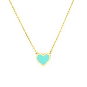 14K Yellow Gold Light Turquoise Enamel Bezel Heart Necklace