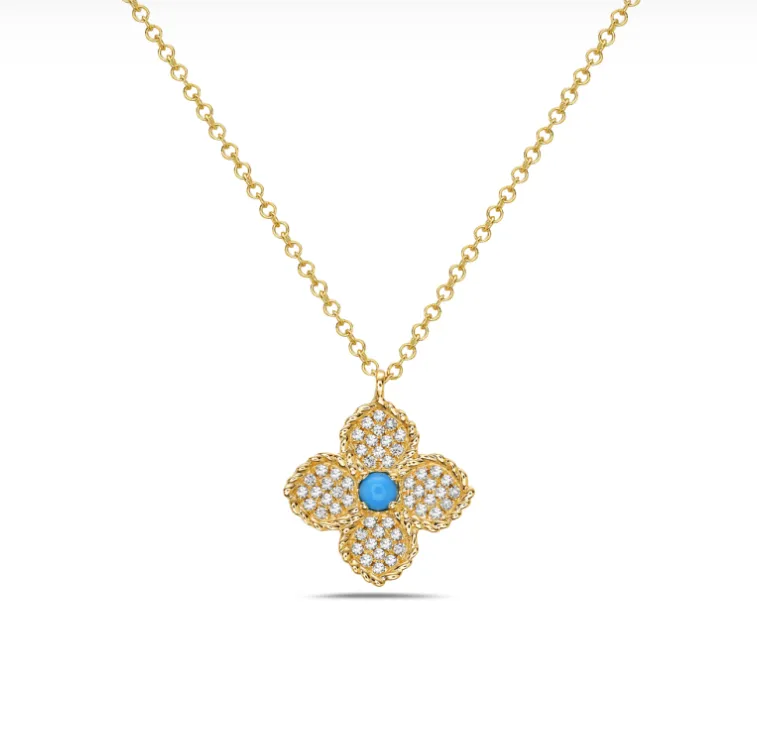 14k Yellow Gold Pave Diamond Turquoise Accent Floral Necklace (I8528)