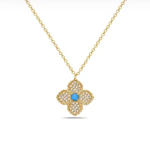 14k Yellow Gold Pave Diamond Turquoise Accent Floral Necklace (I8528)