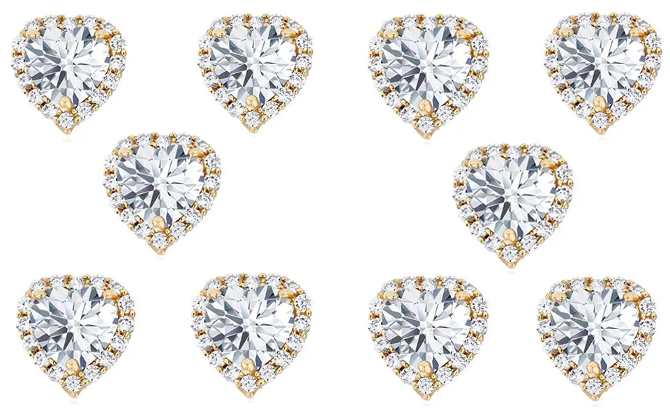 14k Yellow Gold Plated 1/2Ct Heart White Sapphire Set of Five Halo Stud Earrings