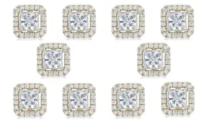 14k Yellow Gold Plated 1Ct Princess Cut White Sapphire Set of Five Halo Stud Earrings