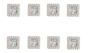 14k Yellow Gold Plated 1Ct Square Cut White Sapphire Set of Four Halo Stud Earrings