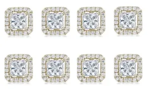 14k Yellow Gold Plated 2Ct Princess Cut White Sapphire Set of Four Halo Stud Earrings