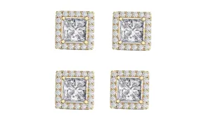 14k Yellow Gold Plated 2Ct Square Cut White Sapphire Set of Two Halo Stud Earrings