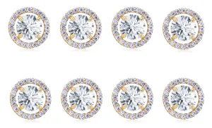 14k Yellow Gold Plated 4mm 2Ct Round White Sapphire Set Of Four Halo Stud Earrings