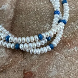 17" - 19" Three Strand Beaded Necklace w/ Pearls & Lapis by Artie Yellowhorse